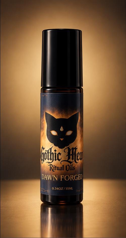 Dawn Forged amber glass roller with its black cat label