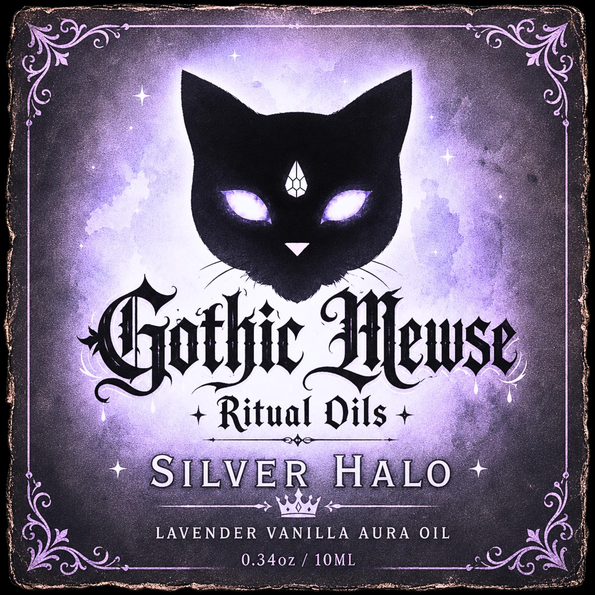The Silver Halo label: a black cat with glowing eyes on purple watercolor