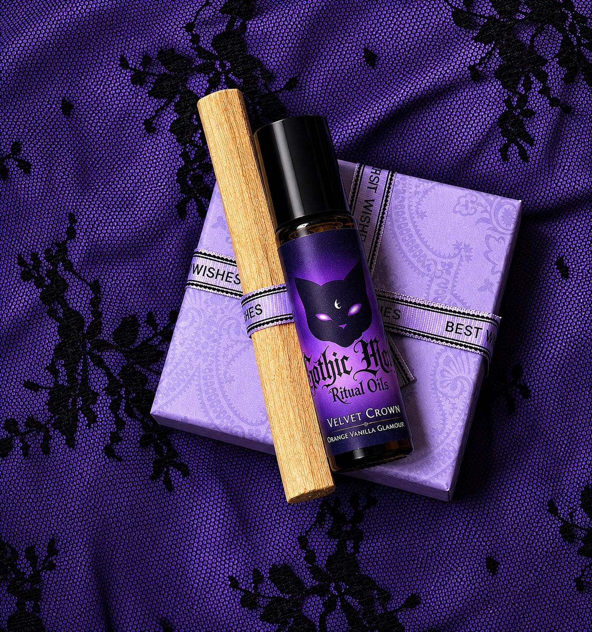 Velvet Crown resting on a lavender gift box tied with ribbon